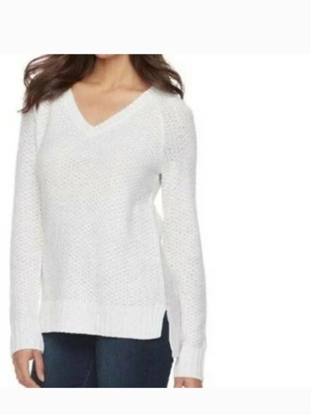 SO Sweater Womens XS White V-Neck Long Sleeve Raglan High Low Hem Metallic